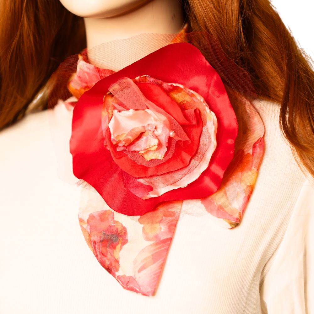 Floral Radiance Red Bloom Handcrafted Scarf with Flower – Preorder