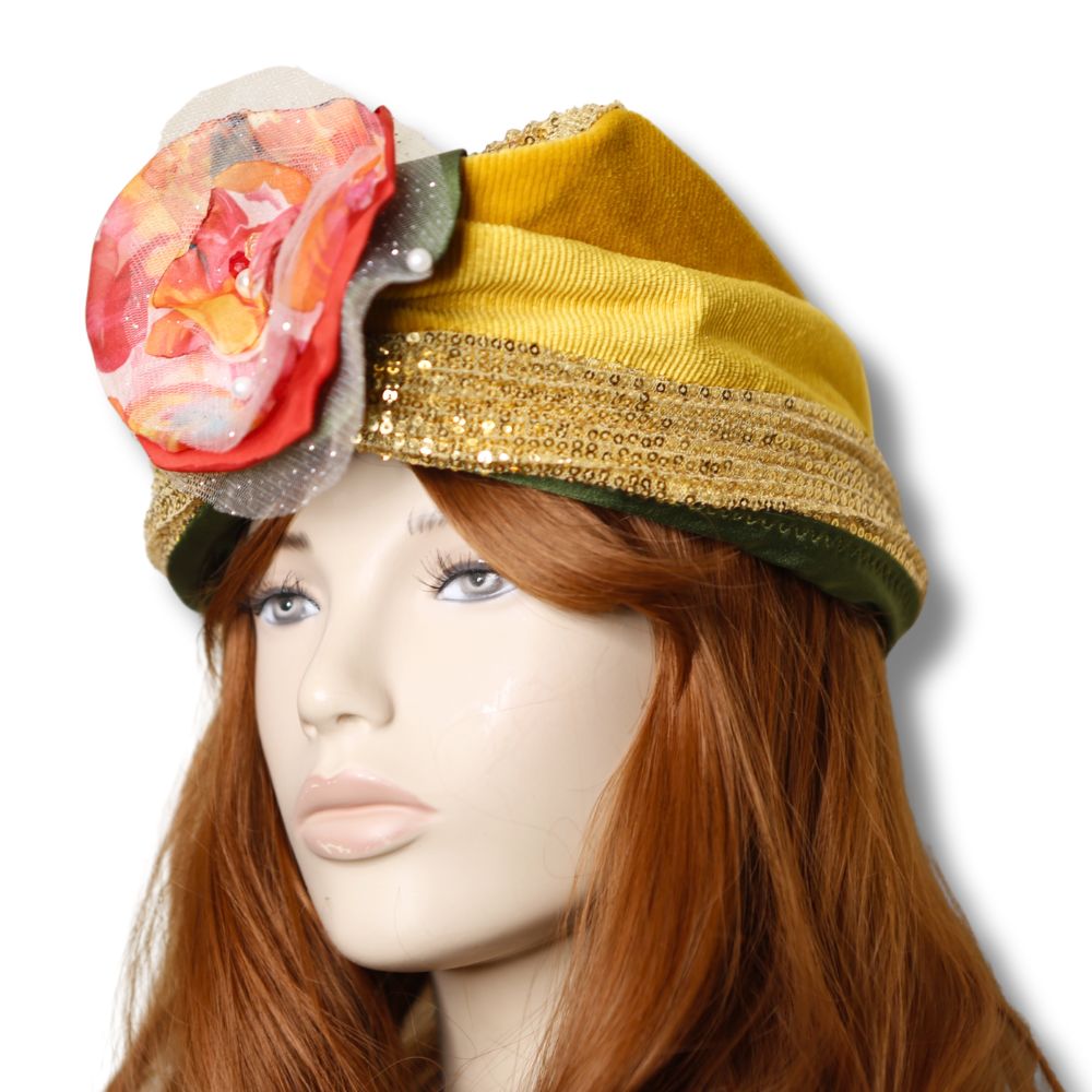 Golden Muse Turban with Handcrafted Floral Accent