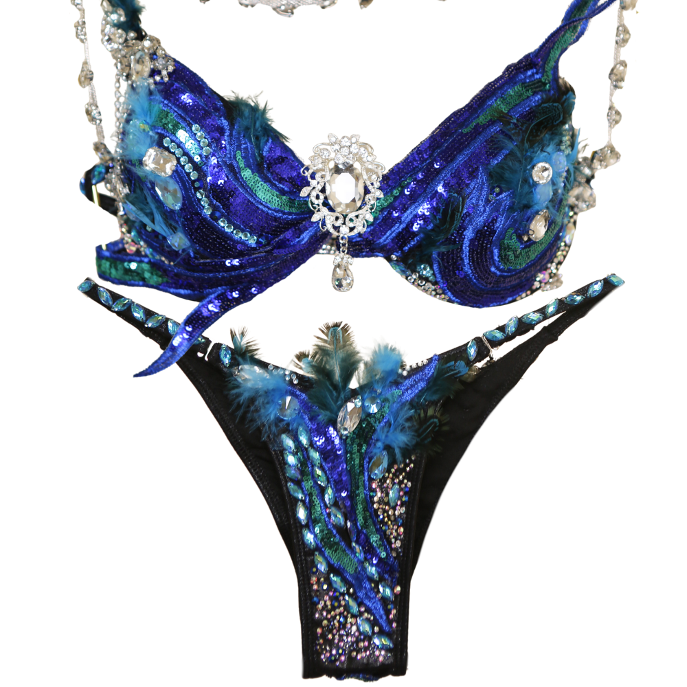 Custom Couture FMG Competition Bikini – Blue Peacock Inspired with Crystals & Feathers