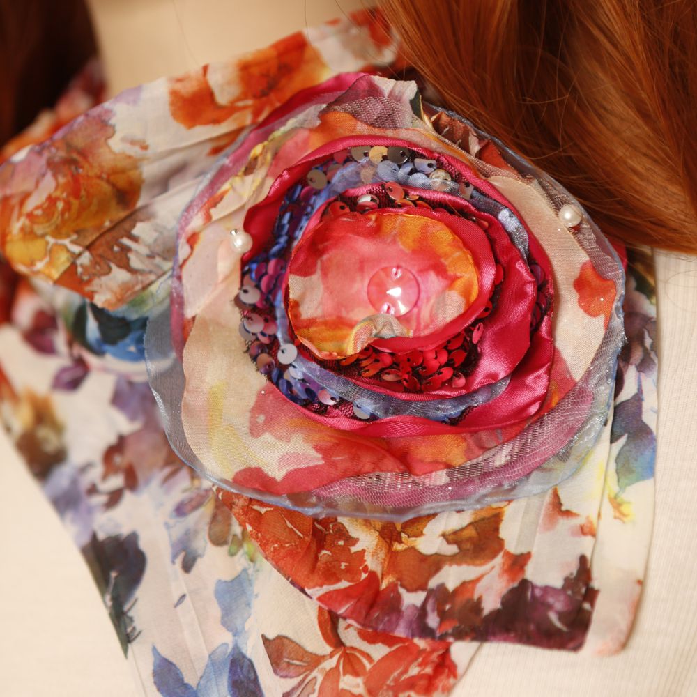 Floral Scarf with Handcrafted 3D Bloom – Preorder