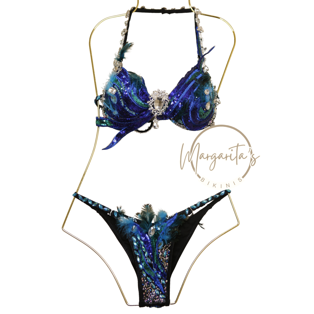 Custom Couture FMG Competition Bikini – Blue Peacock Inspired with Crystals & Feathers
