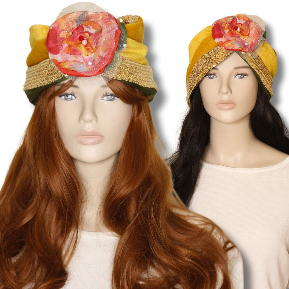 Golden Muse Turban with Handcrafted Floral Accent