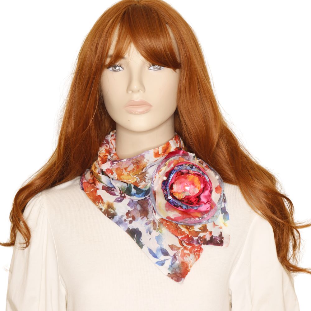 Floral Scarf with Handcrafted 3D Bloom – Preorder