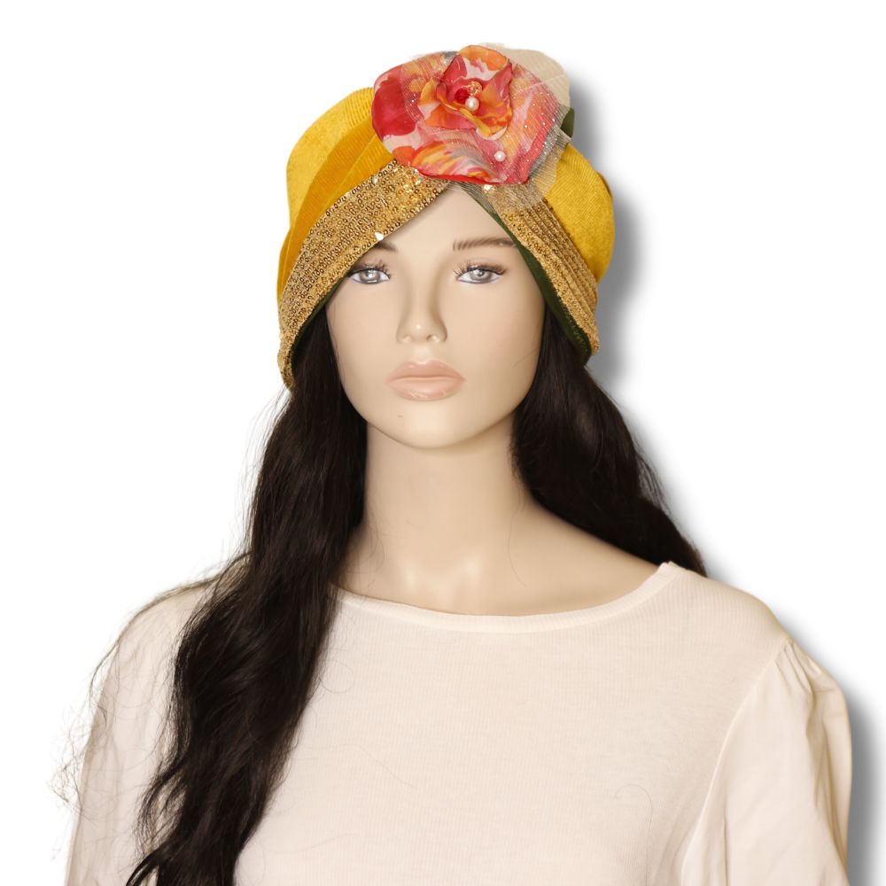 Golden Muse Turban with Handcrafted Floral Accent