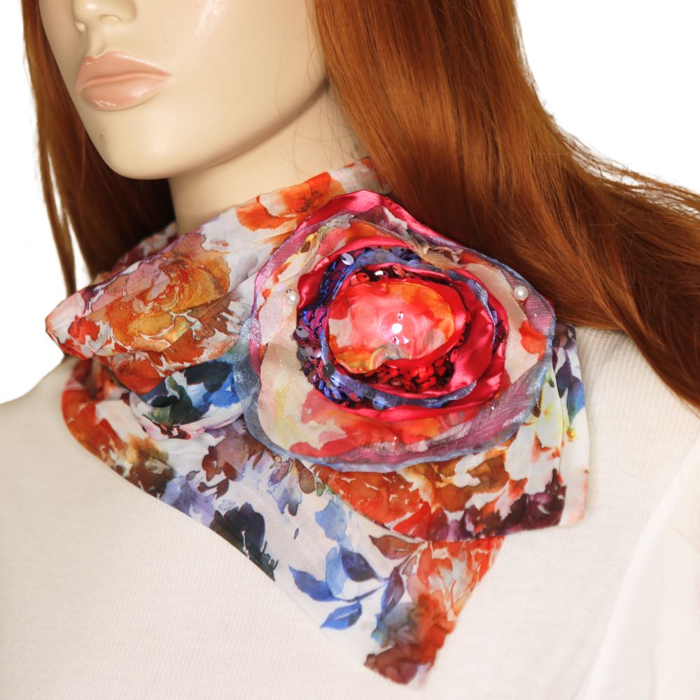 Floral Scarf with Handcrafted 3D Bloom – Preorder