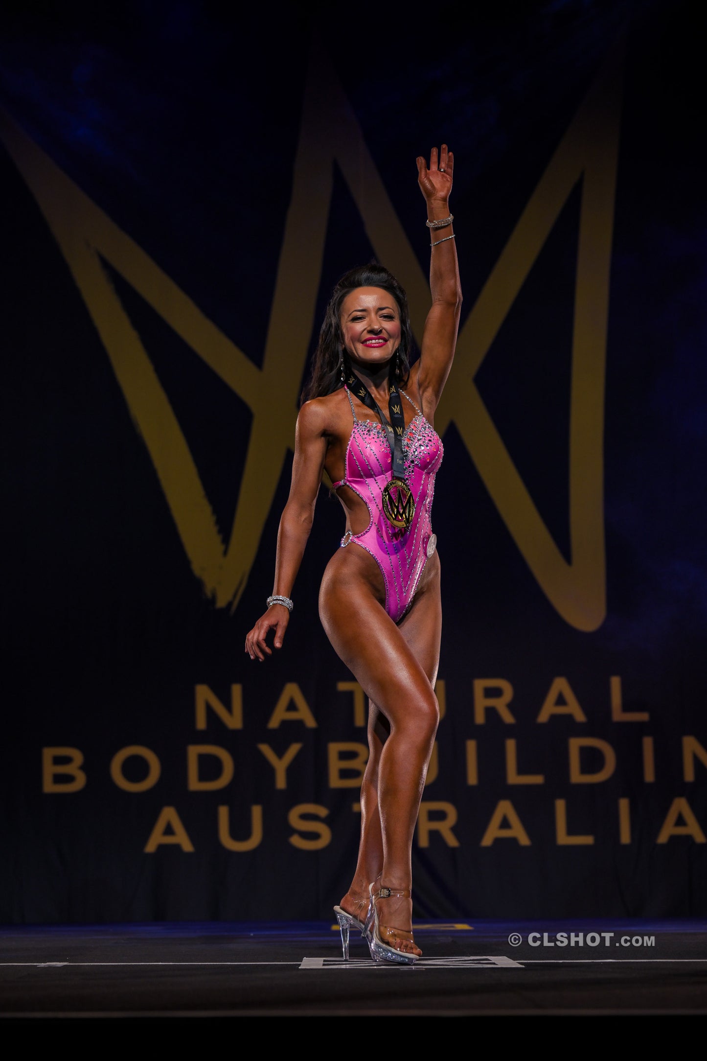 One-piece Swimsuit for fitness competitions – Barbie Pink with Crystal Embellishments