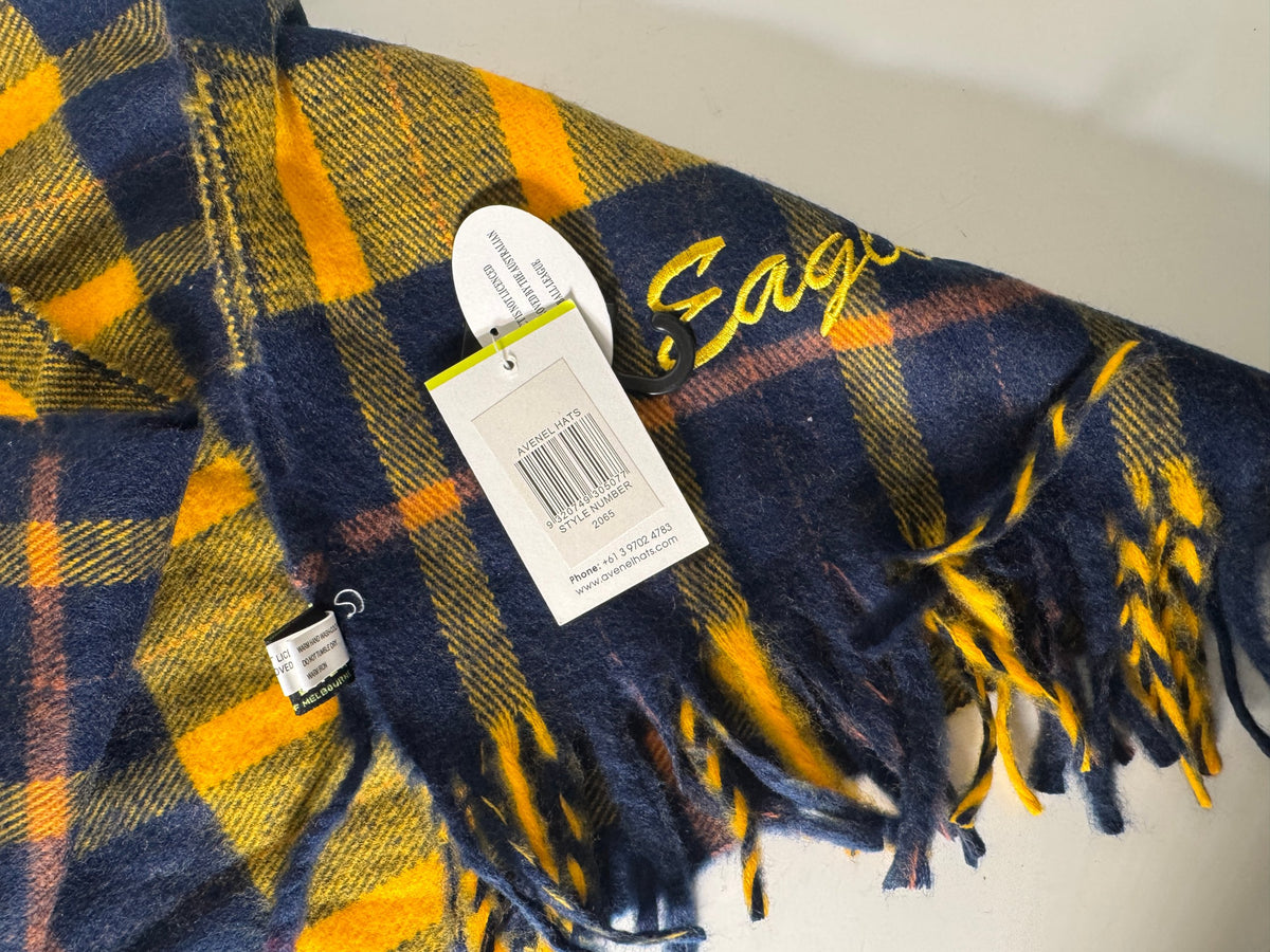 New West Coast Eagles AFL scarf by Avenel, featuring a retro navy, yellow, and brown tartan pattern with fringed ends.