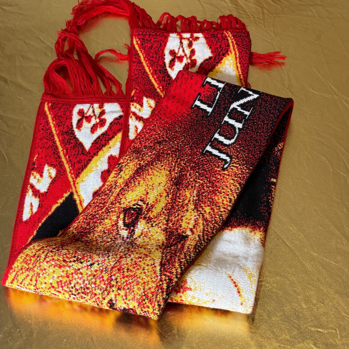 Multi-colored wool art scarf featuring Brian O'Driscoll, commemorating the Lions Tour Australia 2005.