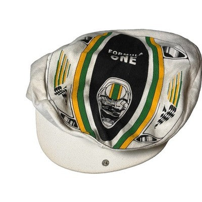 Vintage 1985 Australian F1 Grand Prix cap, multi-coloured with racing helmet design and chequered flag graphics.