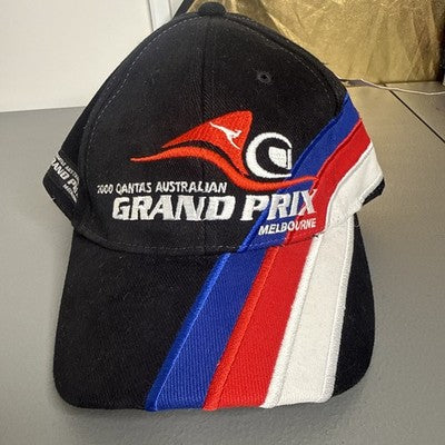 Multi-colored Qantas Australian Grand Prix Melbourne 2000 baseball cap, featuring classic racing design and branding.