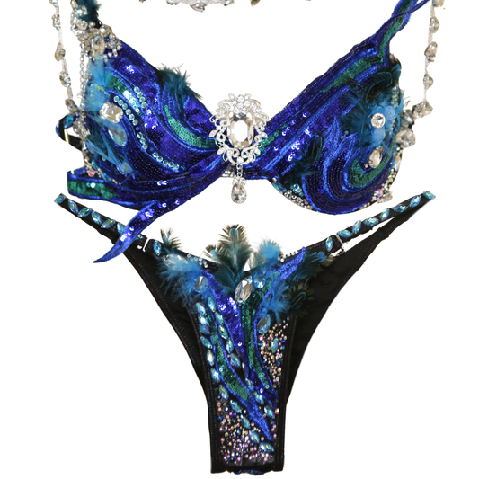 Custom Couture FMG Competition Bikini – Blue Peacock Inspired with Crystals & Feathers