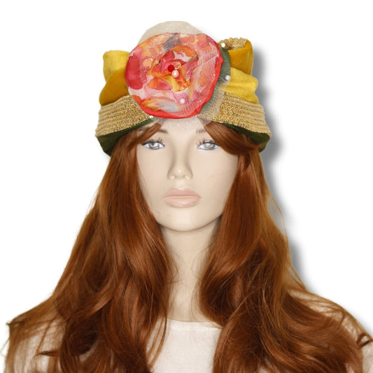 Golden Muse Turban with Handcrafted Floral Accent