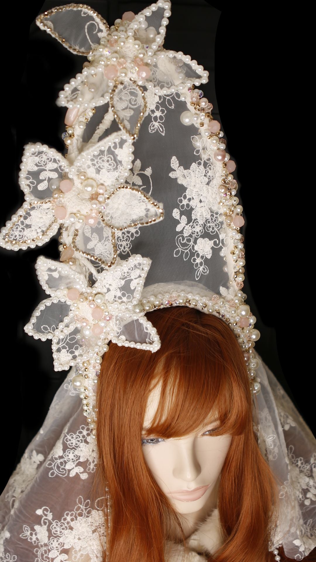 Couture Handmade Headpiece – Statement Beaded Lace Veil Accessory for High Fashion & Editorial Looks
