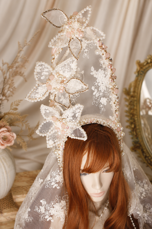 Couture Handmade Headpiece – Statement Beaded Lace Veil Accessory for High Fashion & Editorial Looks