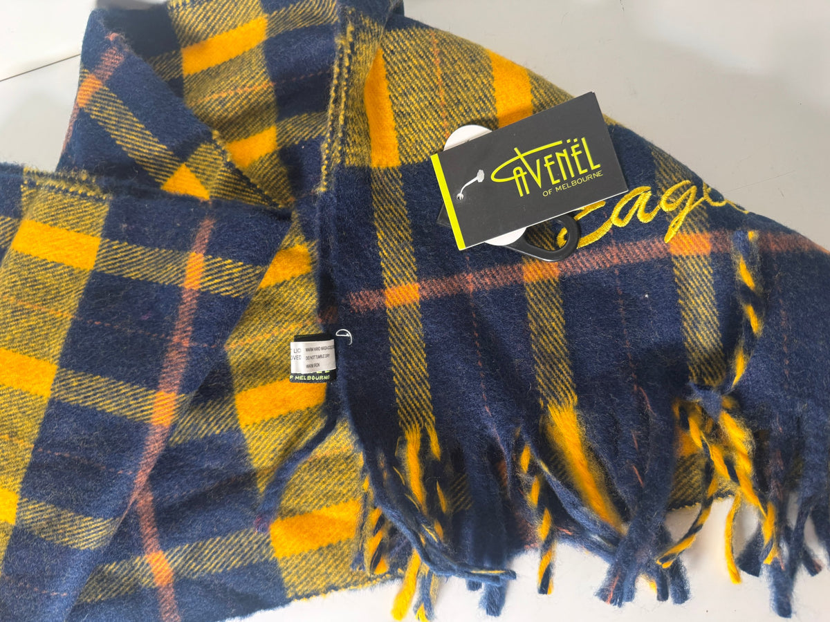 New West Coast Eagles AFL scarf by Avenel, featuring a retro navy, yellow, and brown tartan pattern with fringed ends.
