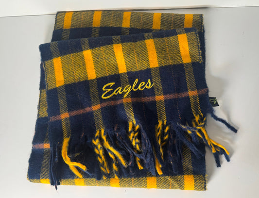 New West Coast Eagles AFL scarf by Avenel, featuring a retro navy, yellow, and brown tartan pattern with fringed ends.