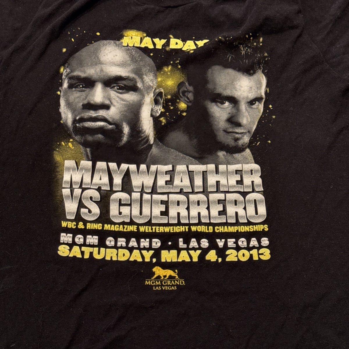 Green Floyd Mayweather vs Robert Guerrero T-shirt, medium size, from their May 4, 2013 match at MGM Grand.