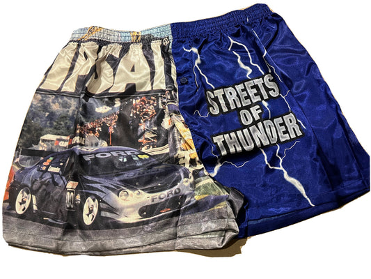 Blue satin boxer shorts featuring Clipsal 500 V8 Supercars print, size L (95–100cm), by Target.