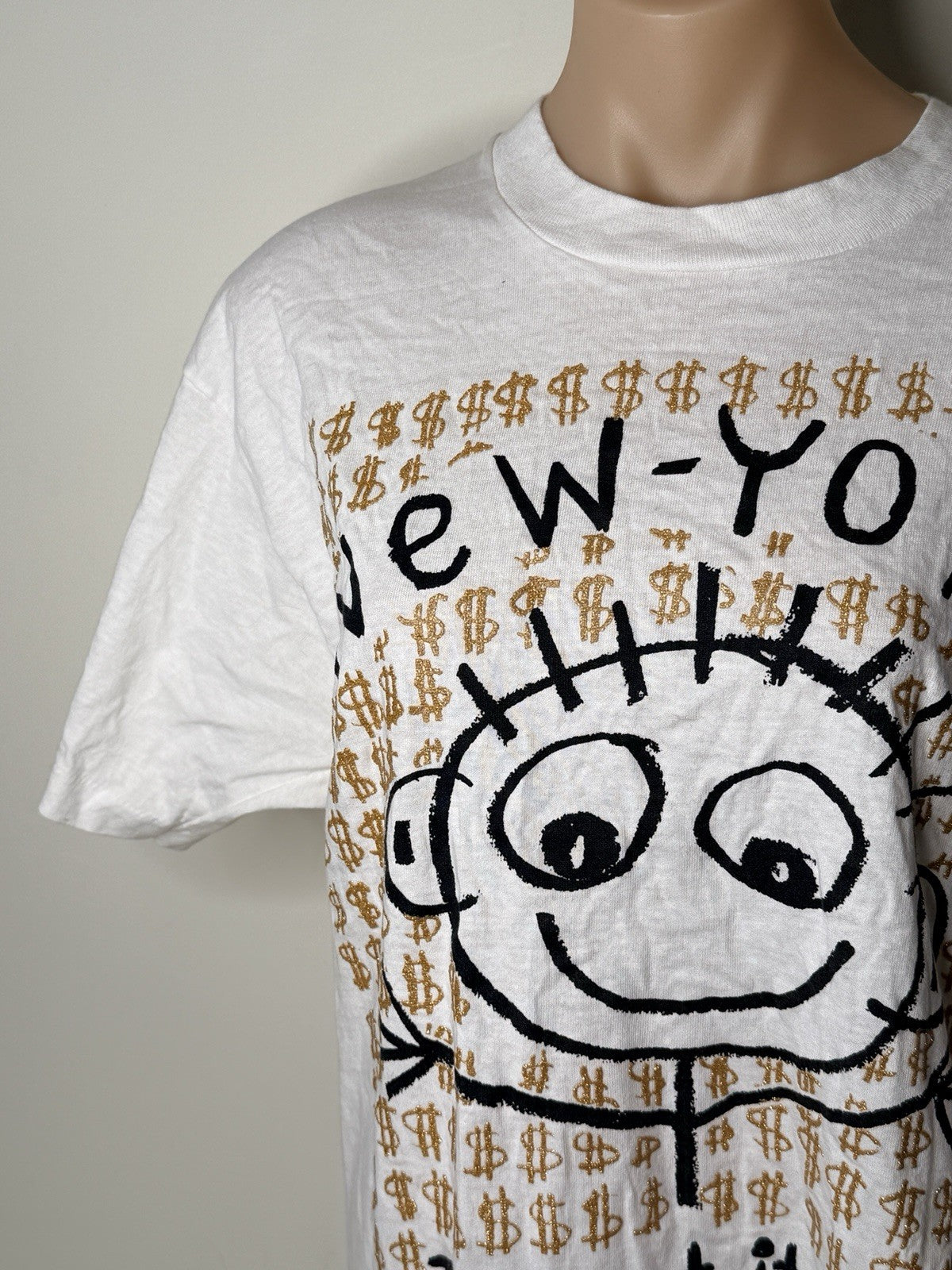 White vintage New York "I Want It All!" graphic T-shirt by Danny First, size XL, featuring a cartoon design and gold dollar signs.