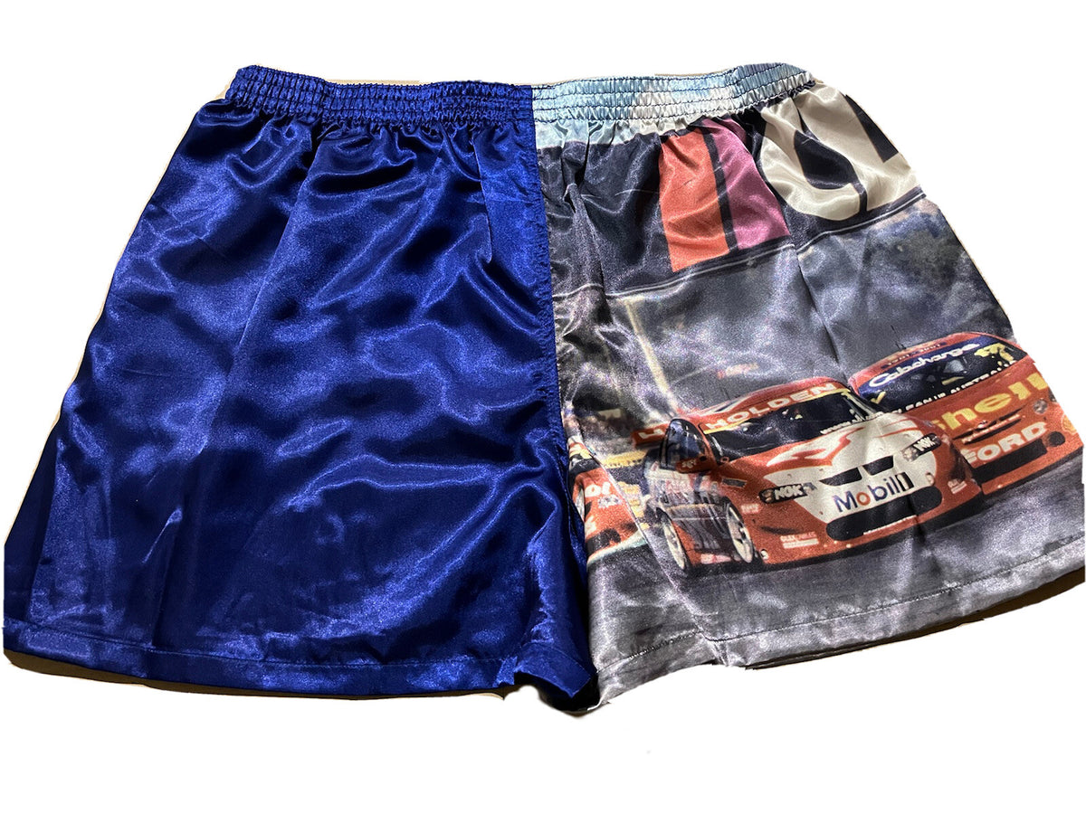 Blue satin boxer shorts featuring Clipsal 500 V8 Supercars print, size S (75–80cm), elasticated waist.