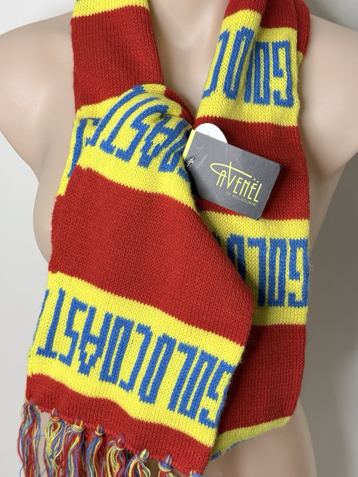 New Gold Coast Suns scarf in gold, made of acrylic by Avenel of Melbourne.