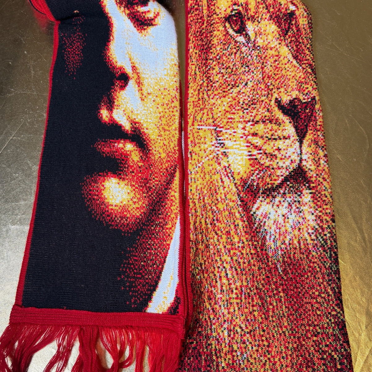 Multi-colored wool art scarf featuring Brian O'Driscoll, commemorating the Lions Tour Australia 2005.