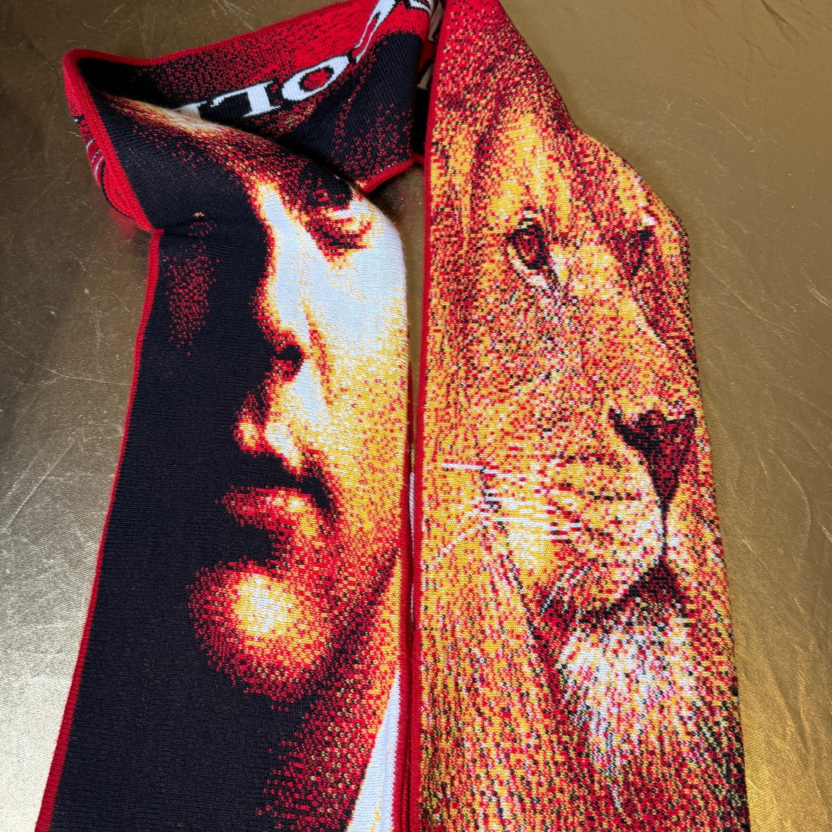 Multi-colored wool art scarf featuring Brian O'Driscoll, commemorating the Lions Tour Australia 2005.