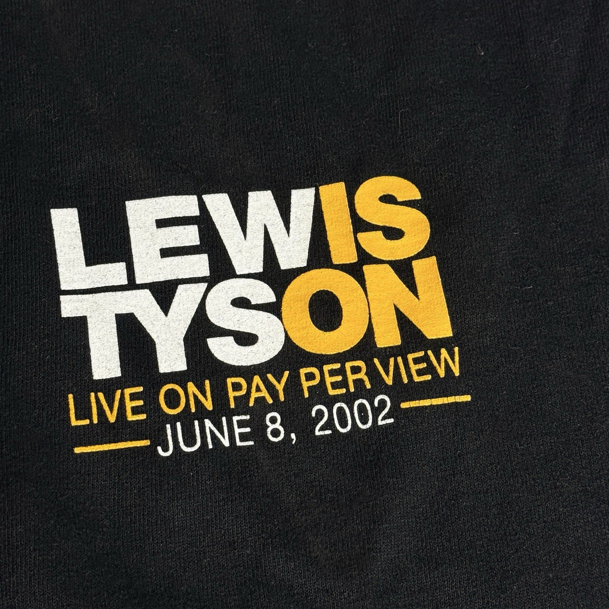 Black, white, and yellow vintage T-shirt featuring Mike Tyson vs. Lennox Lewis, size XL, from 2002.