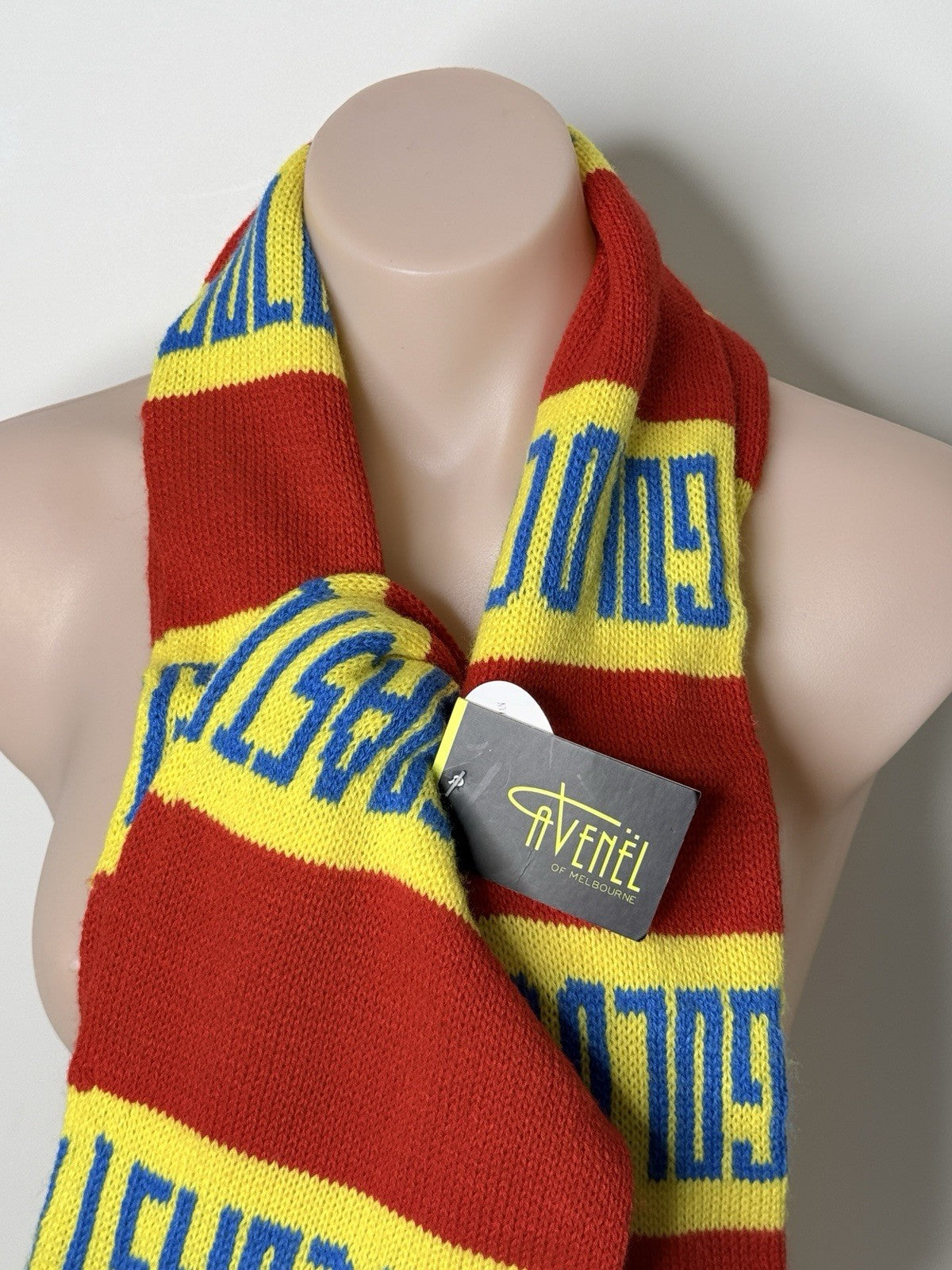 New Gold Coast Suns scarf in gold, made of acrylic by Avenel of Melbourne.