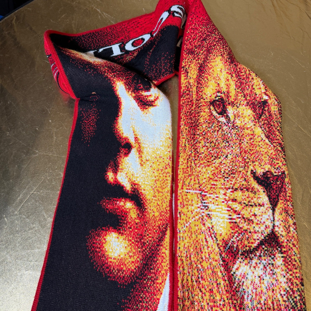 Multi-colored wool art scarf featuring Brian O'Driscoll, commemorating the Lions Tour Australia 2005.