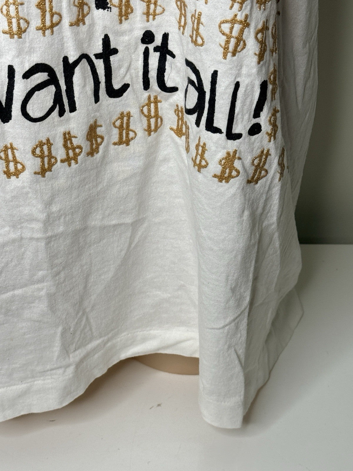 White vintage New York "I Want It All!" graphic T-shirt by Danny First, size XL, featuring a cartoon design and gold dollar signs.
