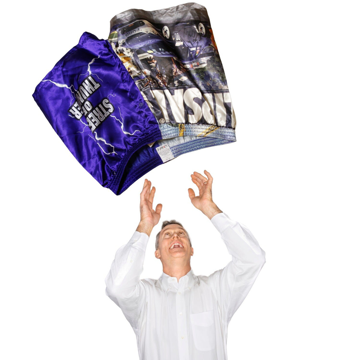 Blue satin boxer shorts featuring Clipsal 500 V8 Supercars print, size S (75–80cm), elasticated waist.