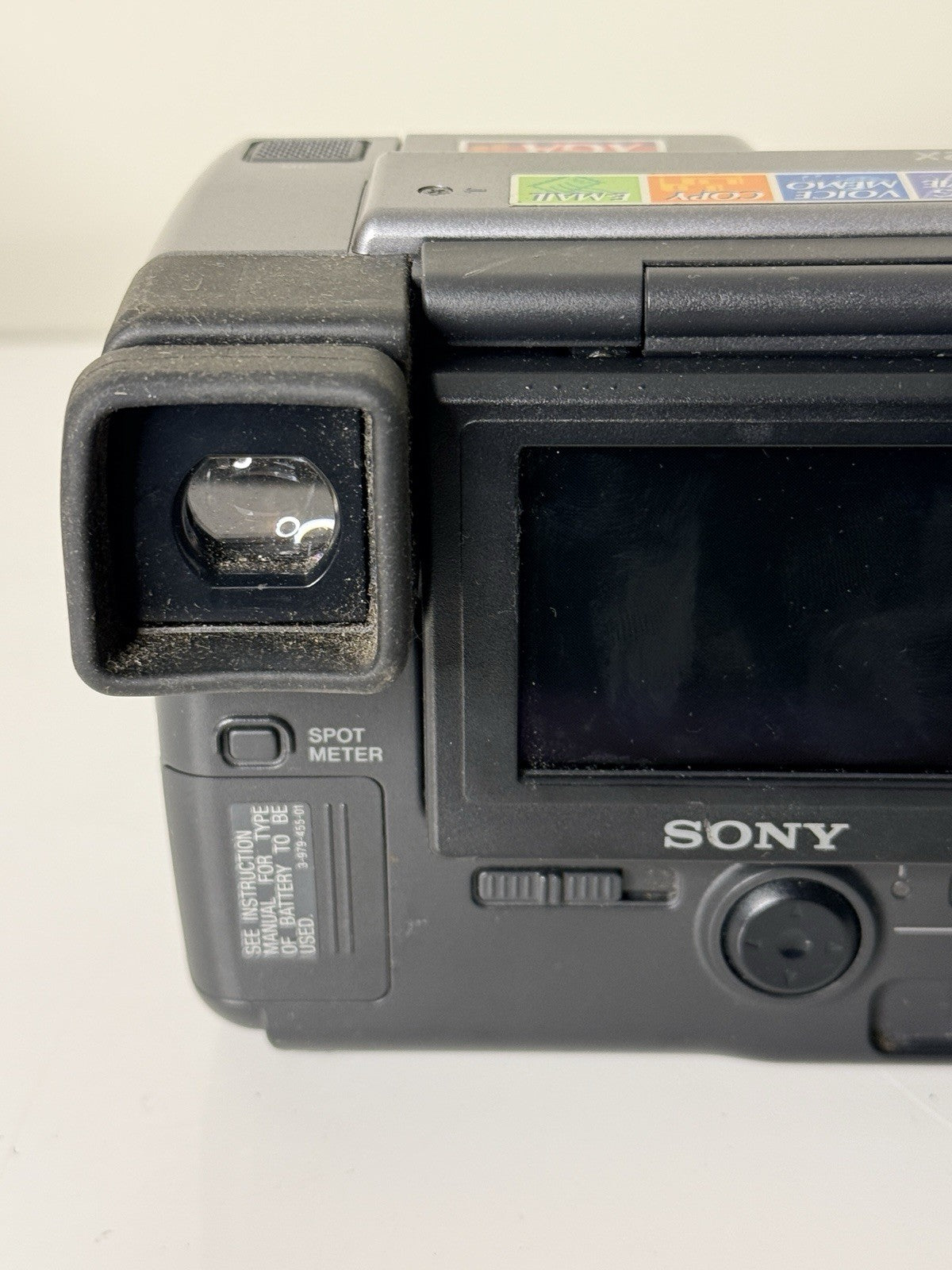 Vintage Sony Digital Mavica MVC-FD91 camera in black and grey, featuring 3.5-inch floppy disk storage.