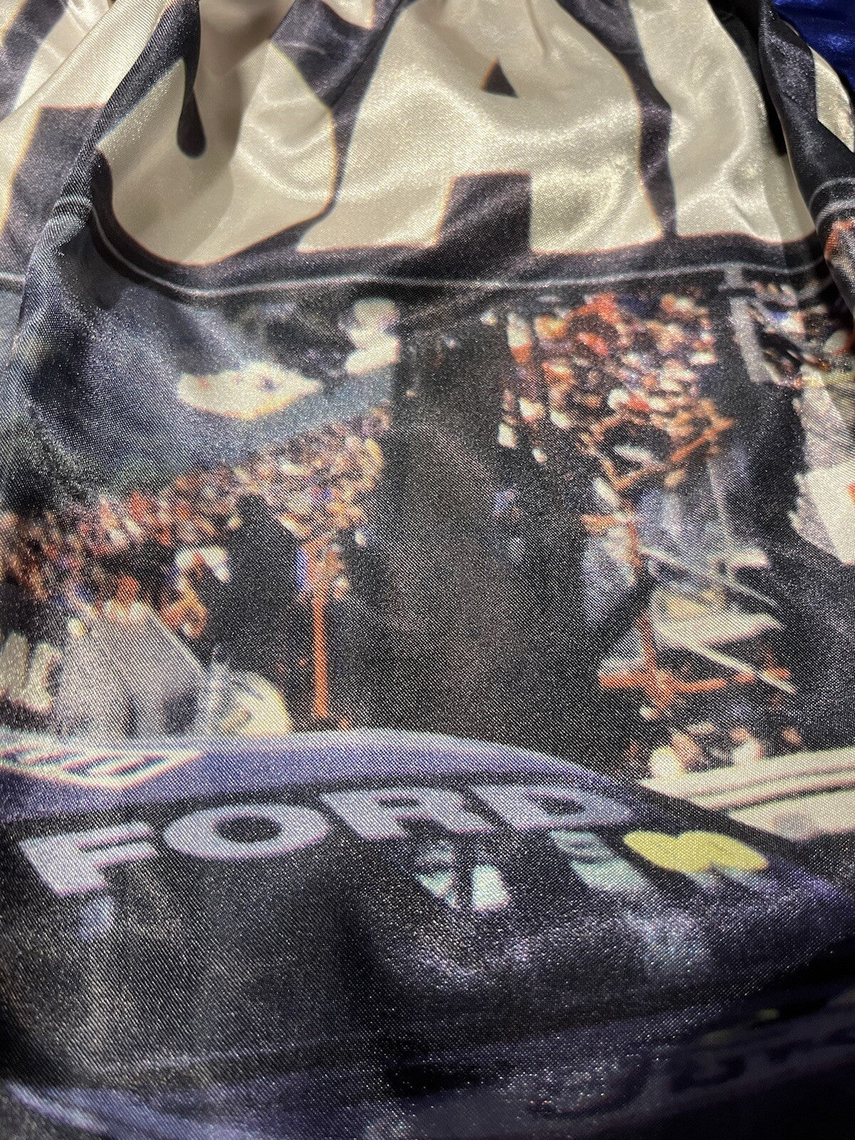 Blue satin boxer shorts featuring Clipsal 500 V8 Supercars print, size S (75–80cm), elasticated waist.