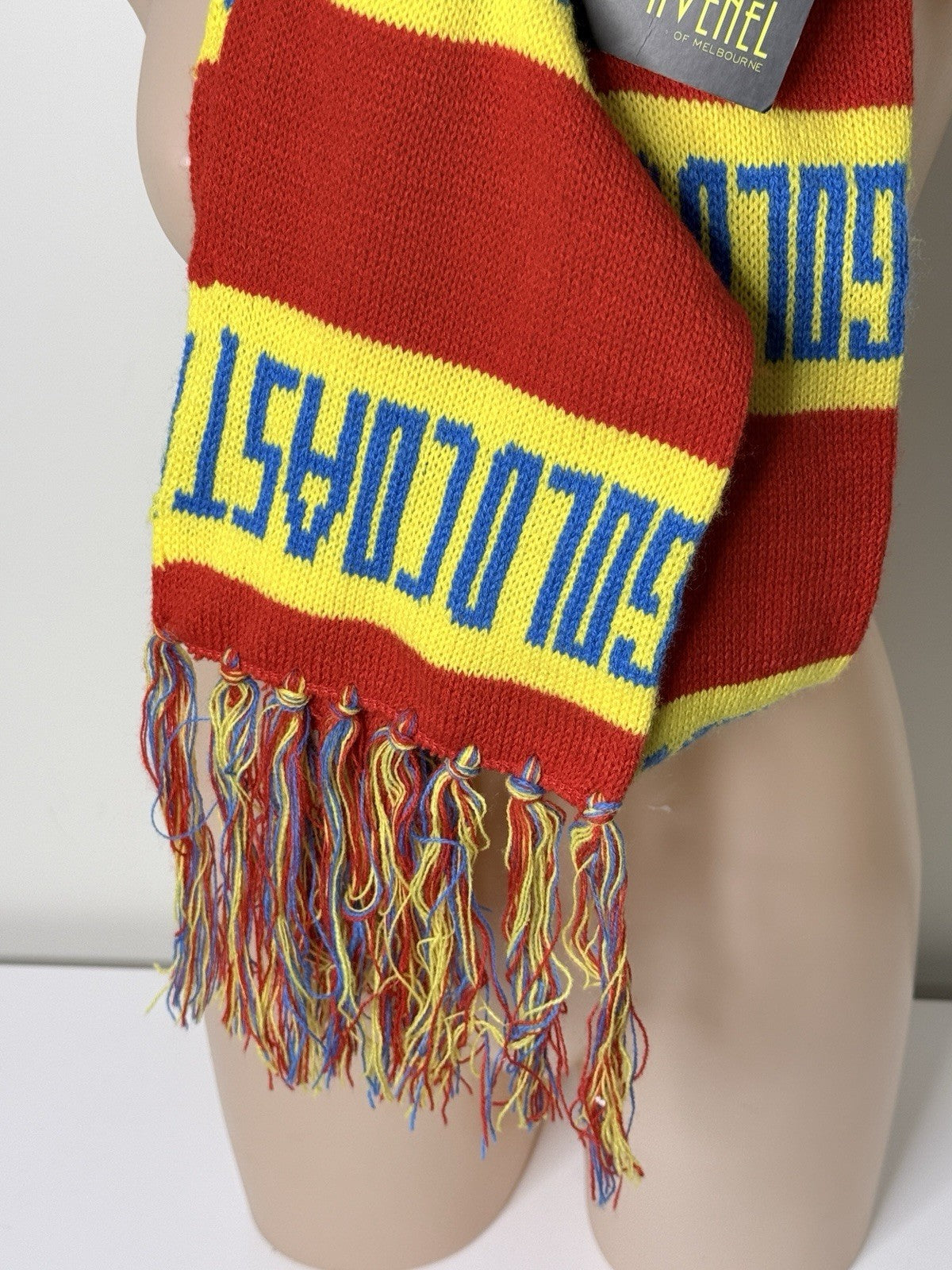 New Gold Coast Suns scarf in gold, made of acrylic by Avenel of Melbourne.