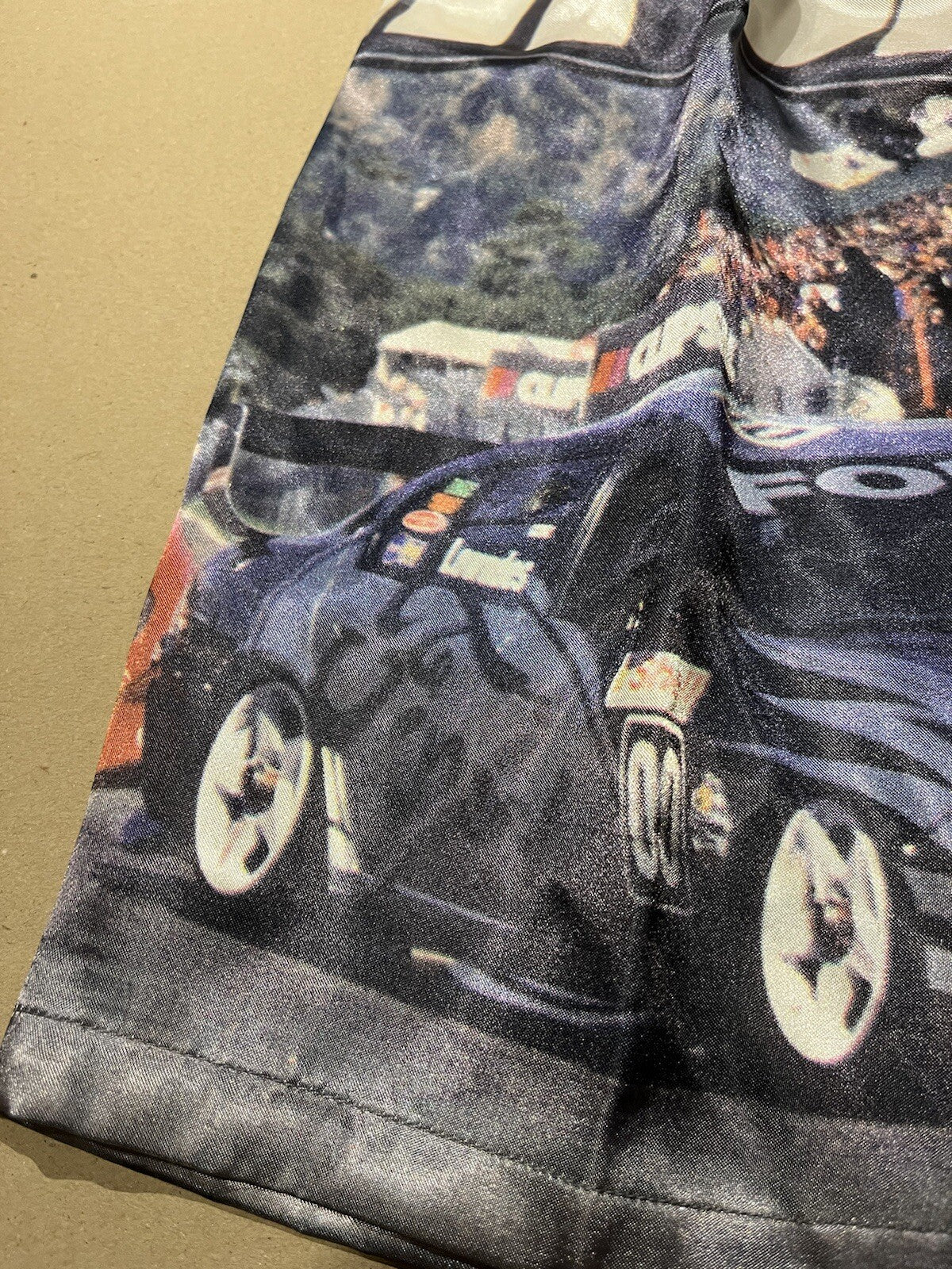 Blue satin boxer shorts featuring Clipsal 500 V8 Supercars print, size S (75–80cm), elasticated waist.