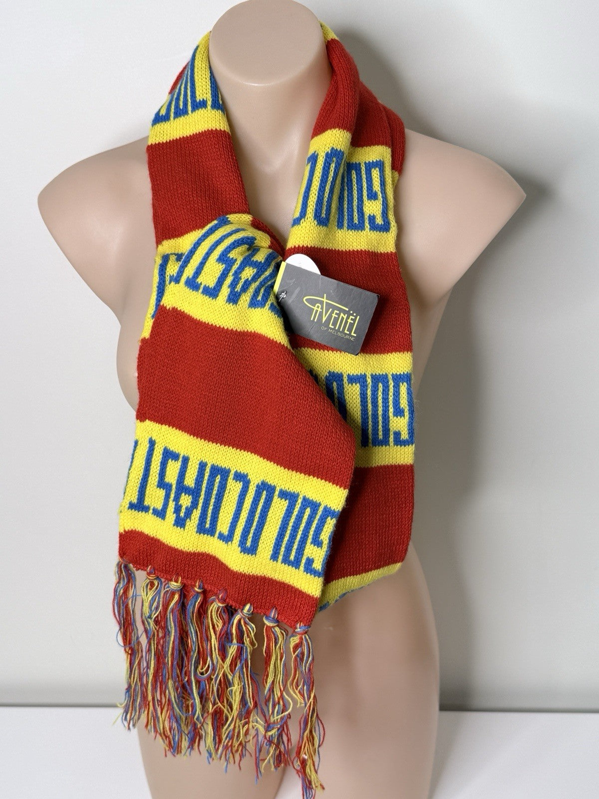 New Gold Coast Suns scarf in gold, made of acrylic by Avenel of Melbourne.