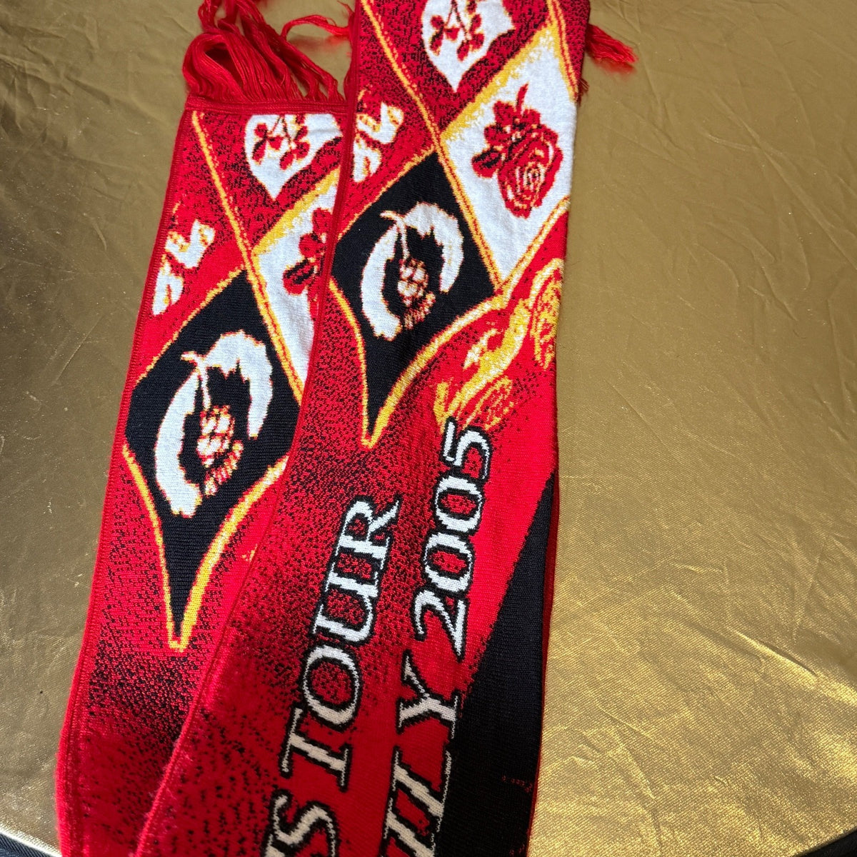 Multi-colored wool art scarf featuring Brian O'Driscoll, commemorating the Lions Tour Australia 2005.